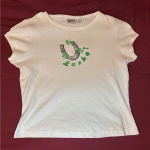 white y2k baby tee lucky silver detailing (Girl Rebel)